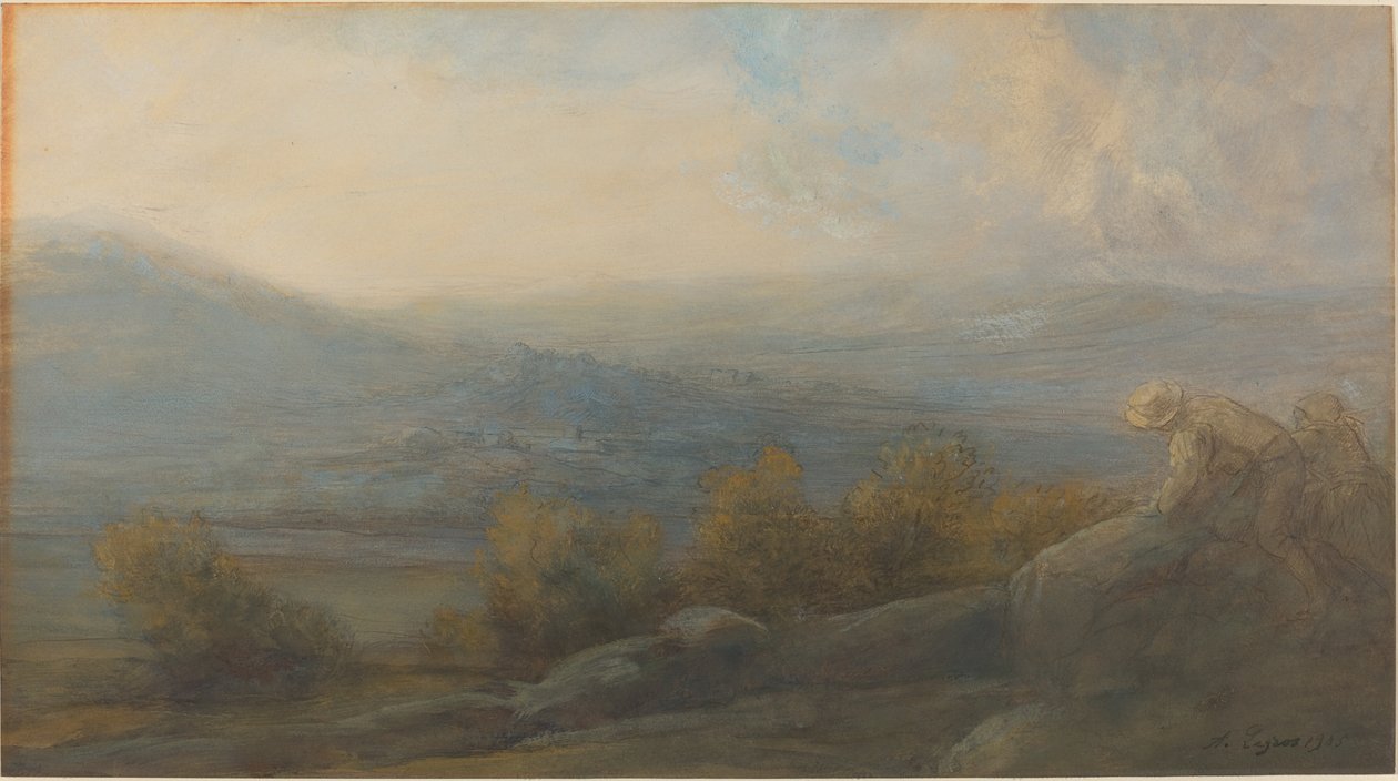 Fjelllandskap med to figurer til høyre av Alphonse Legros