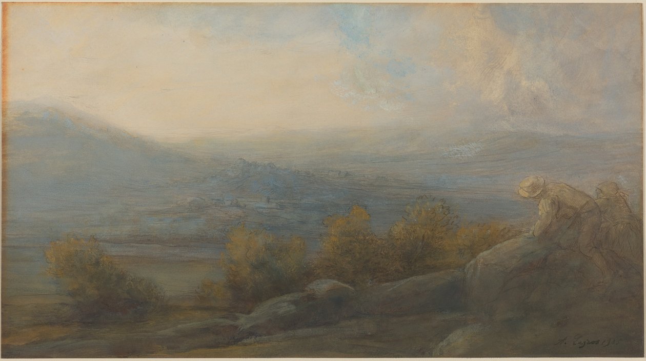 Fjellandskap med to figurer til høyre av Alphonse Legros