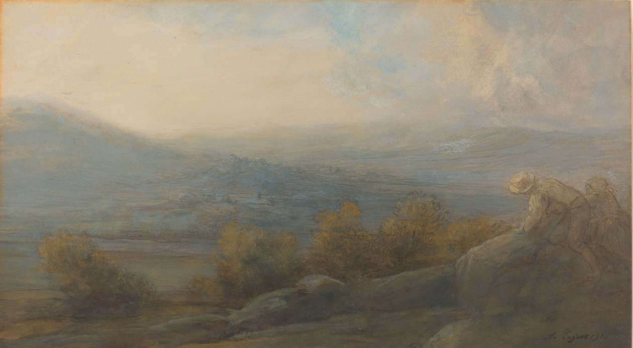 Fjelllandskap med to figurer til høyre, 1905. av Alphonse Legros