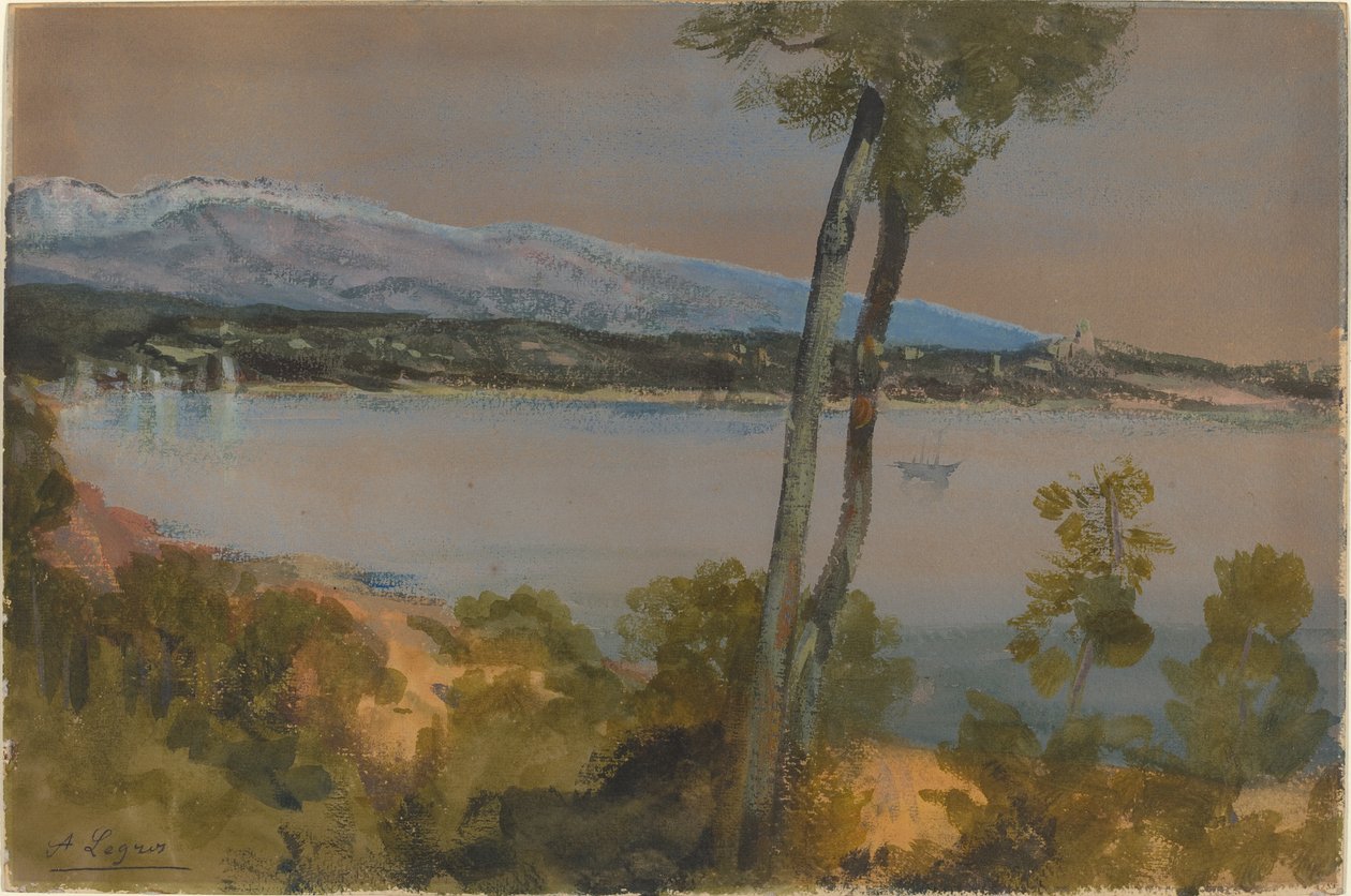 Fjell sett bortenfor en innsjø. av Alphonse Legros