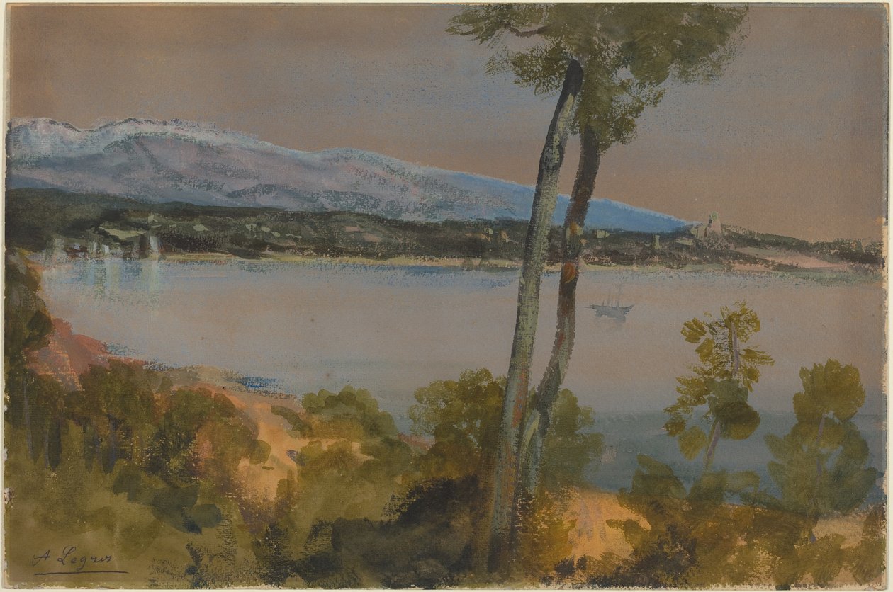 Fjell som skimtes bak en innsjø av Alphonse Legros
