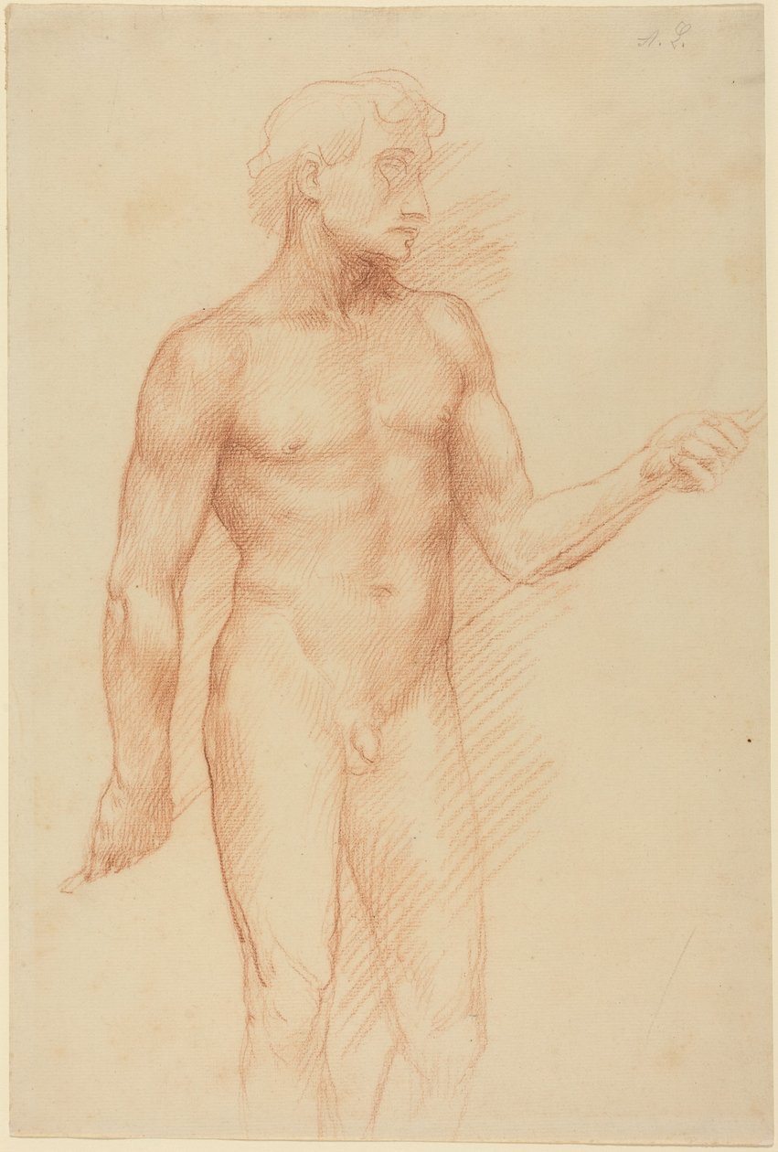 Studie av en mannlig figur som holder en stav bak ryggen av Alphonse Legros