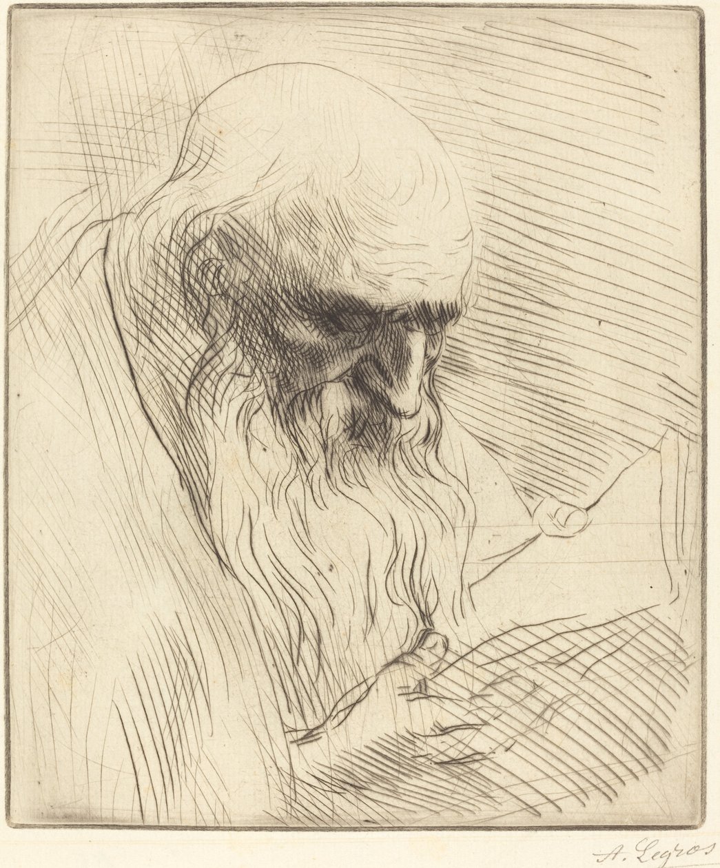 Studie av hodet til en mann som leser Etude de tete d'homme lisant. av Alphonse Legros