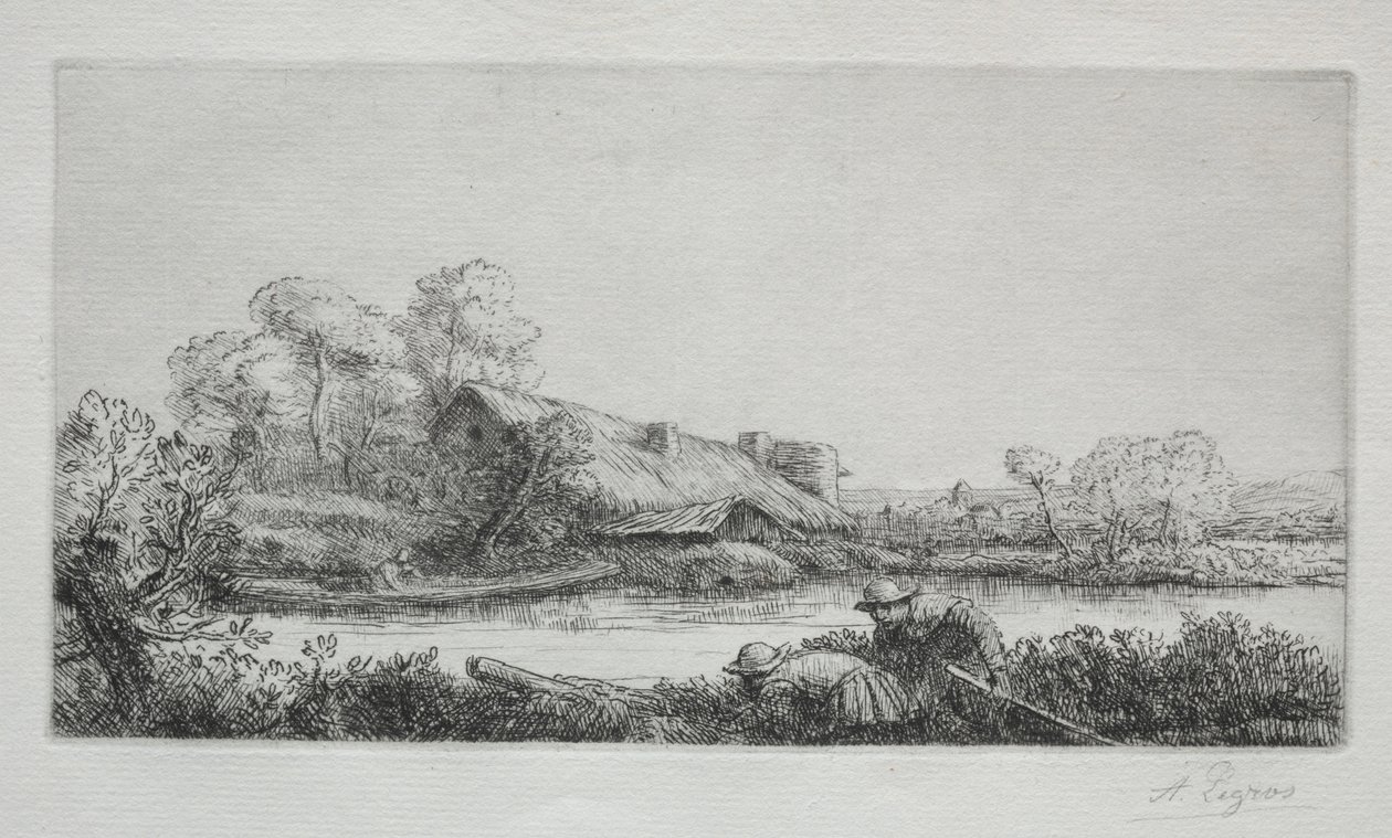 Gården ved elven La Ferme Sur La Rivière: Kveldseffekt. av Alphonse Legros