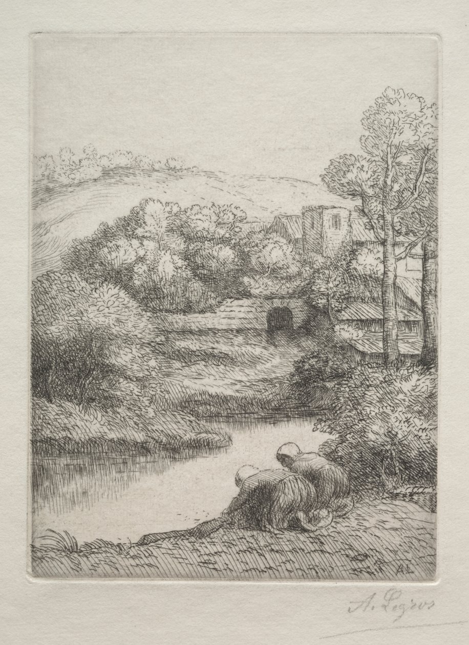 Vaskeplassen, kalt The Washerwomen (Le Lavoir, Dite "Les Laveuses") av Alphonse Legros