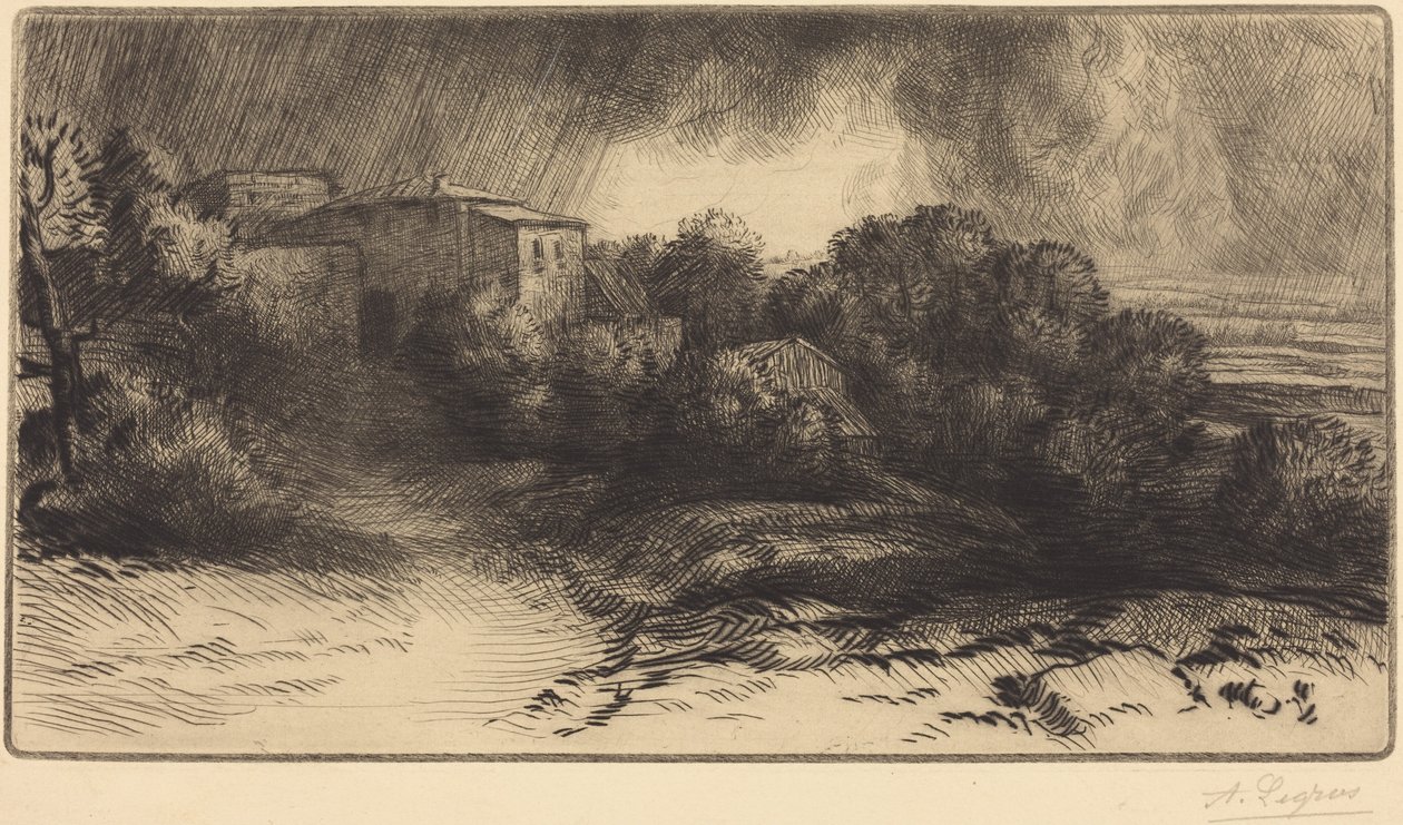 Utsikt over en gård i stormvær av Alphonse Legros