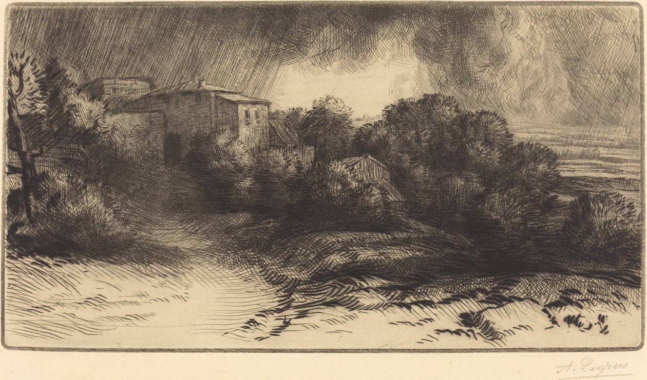 Utsikt over en gård sett i en storm La ferme de Brieux Stormeffekt. av Alphonse Legros