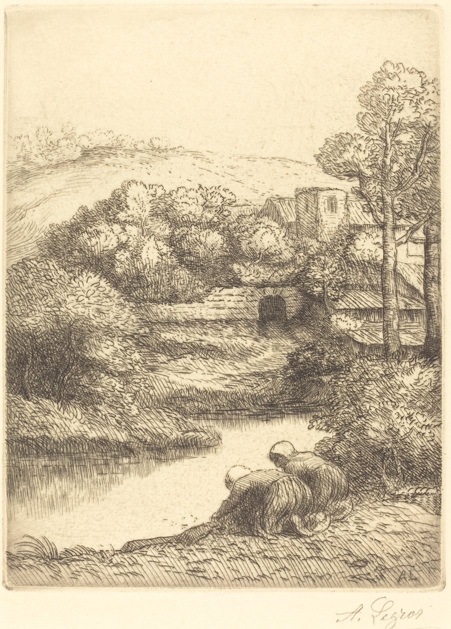 Vaskehus, kalt "The Washerwomen" av Alphonse Legros