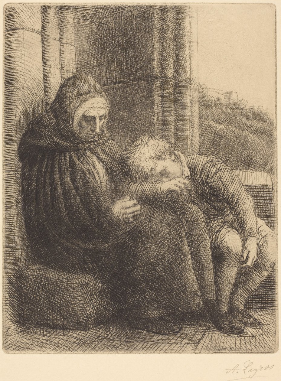 Kvinne sittende med ryggen mot en mur, barn med hodet i fanget hennes (Kvinne sittende, mur i bakgrunnen, barn med hodet i fanget hennes) av Alphonse Legros