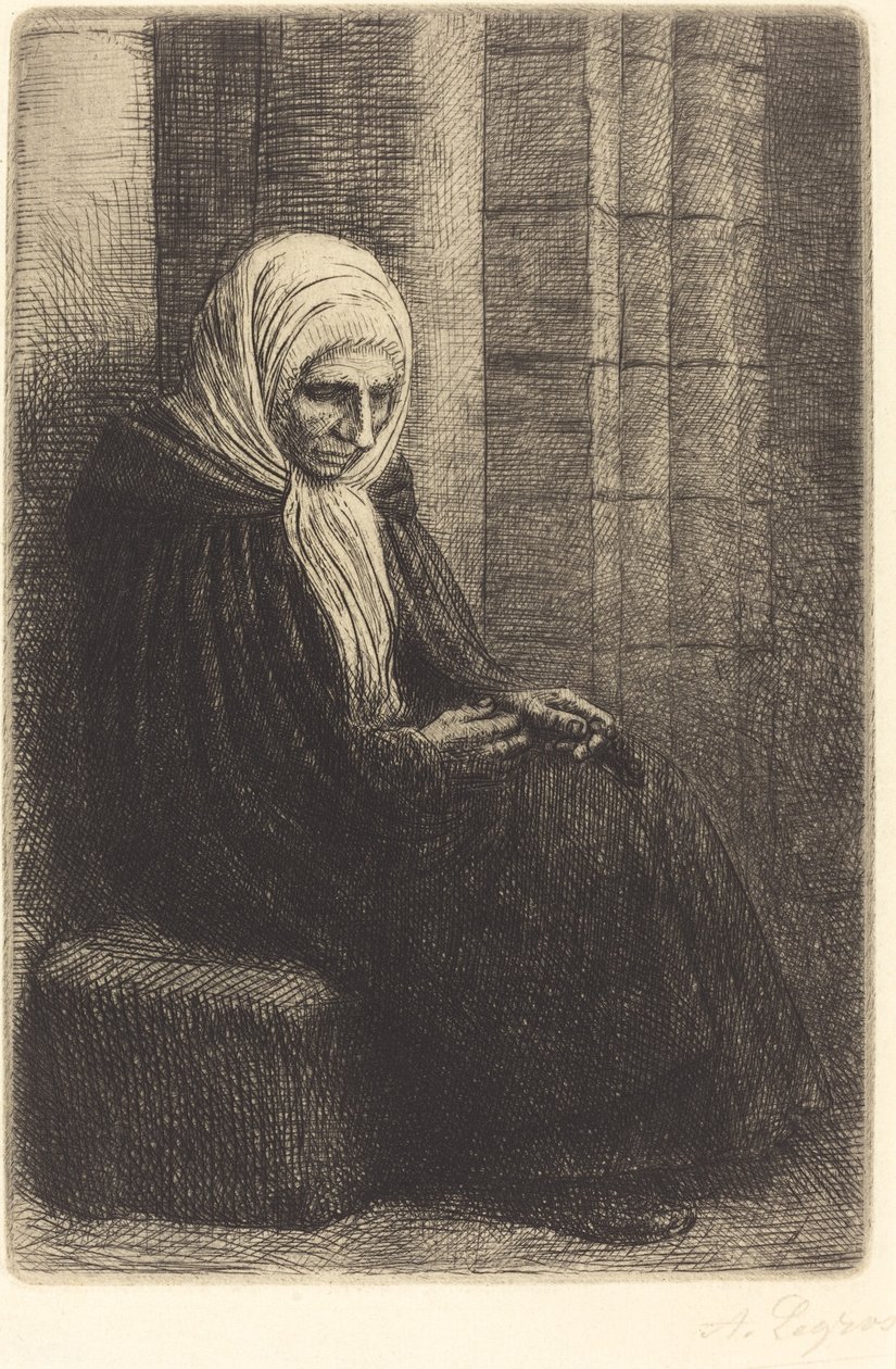 Kvinne sitter mot en vegg, barn med hodet i fanget Femme assis, muraille au fond.... av Alphonse Legros