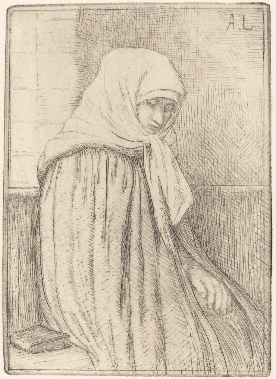 Ung bonde sitter i en kirke av Alphonse Legros