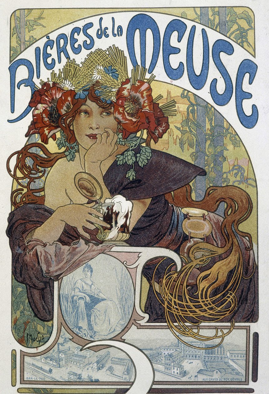 Meuse øl - reklame, Arts Deco. av Alphonse Marie (after) Mucha