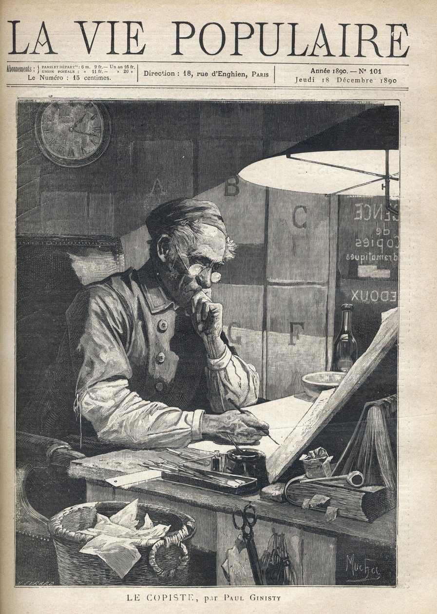 En konsentrert kopist arbeider på kontoret hans. Illustrasjon av Alfons Maria Mucha (Alphonse Marie Mucha av Alphonse Mucha