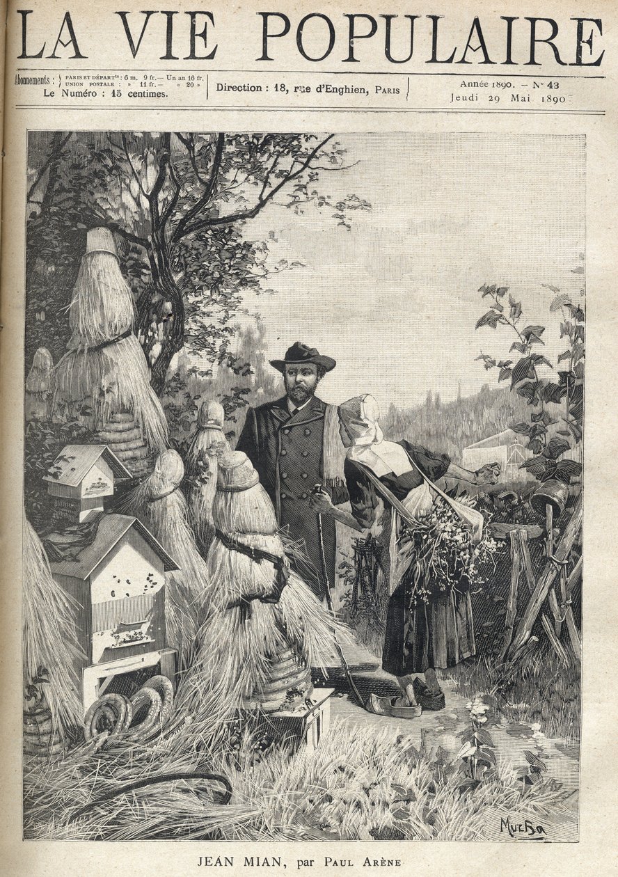 A man on a country road looks, eyes in the wave, the location of a dozen hives. An old peasant, leaning on a stick, curved under the grass crop she carries on her back, addresses him and shows him with a gesture of hand the entrance gate of a cemetery. Ill av Alphonse Mucha