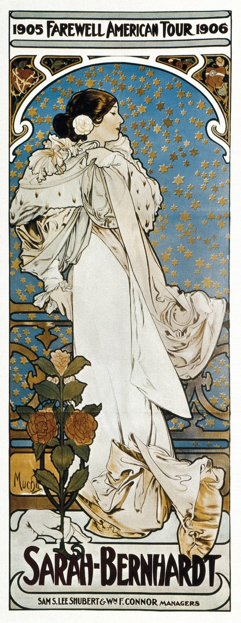 En plakat for Sarah Bernhardts Farewell American Tour av Alphonse Marie Mucha