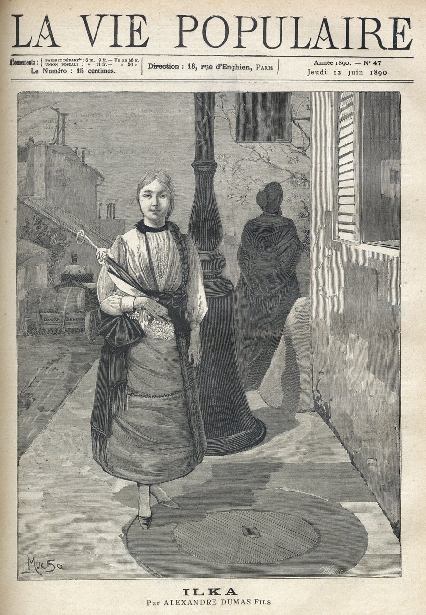 A simple and distinguished young woman, with pigtails hair, holding an umbrella, walks with confidence in the street. Behind her, a woman clothed in black and a hitch carrying barrels continue their journey. Illustration by Alfons Maria Mucha (Alphonse Mar av Alphonse Mucha