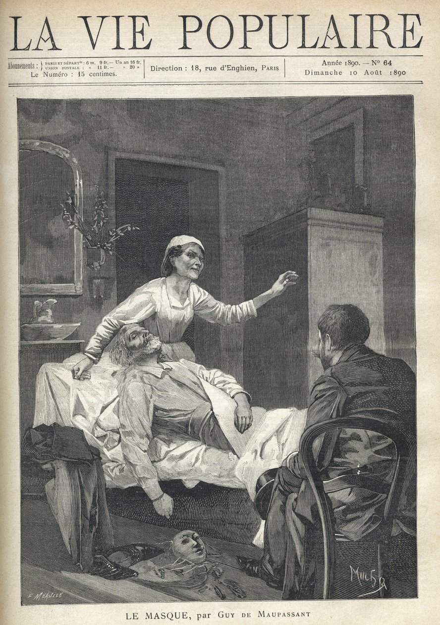 En mager gammel mann med et emacie-ansikt strekker seg, dressen, skoene og en karnevalsmaske drar seg nær bleien hans (en lakenjete på en sofa), i "La Vie Populaire" av Alphonse Mucha