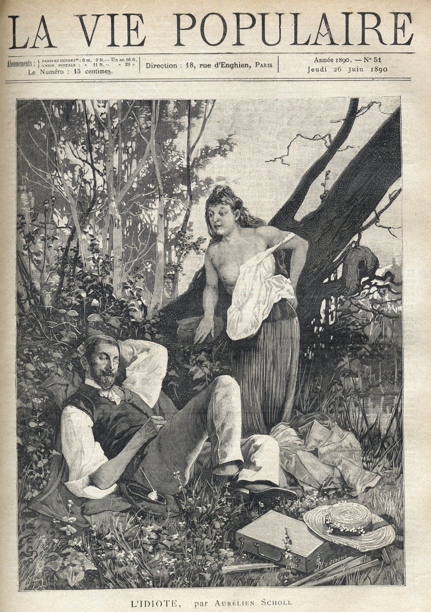 A young woman, decoiffee, denudee, apparent chest, leans with confidence and fun towards a painter lying, sleeping in the middle of nature, jacket, hat, material and pipe sparpilles on the floor. Illustration by Alfons Maria Mucha (Alphonse Marie Mucha av Alphonse Mucha