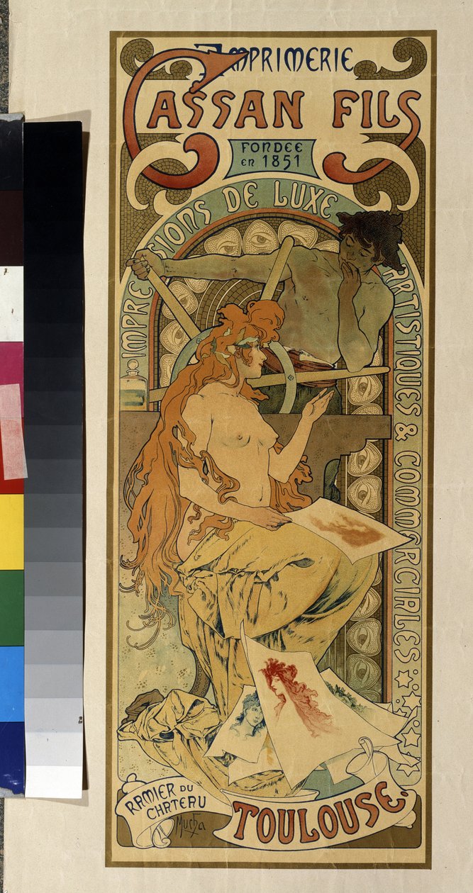 Reklameplakat for trykkeriet ""Cassan Fils, luksus, kunstnerisk og kommersiell trykking"" i Toulouse. Plakat av Alfons Maria Mucha (Alphonse Marie Mucha av Alphonse Marie Mucha