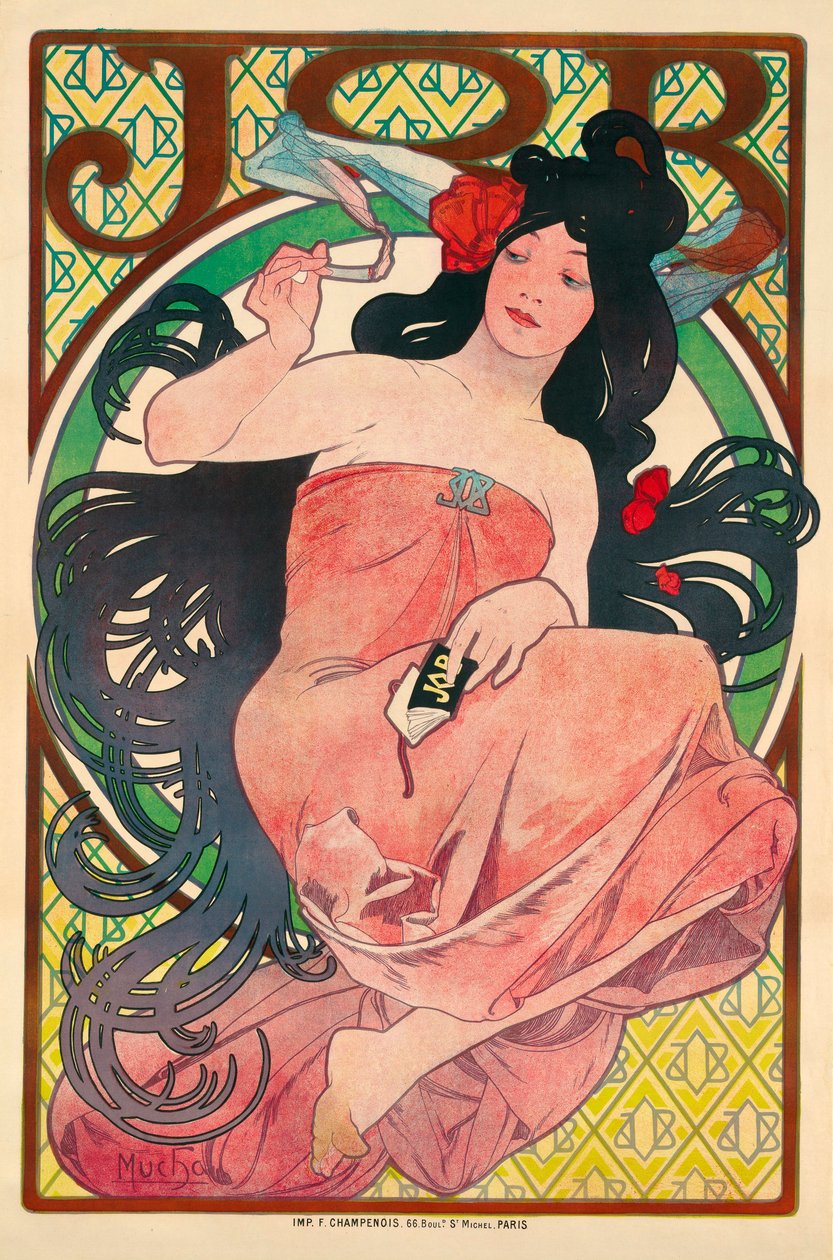 Affiche publicitaire pour le papier a cigarett Job - Reklameplakat for silkepapirjobben - Tegning av Mucha, Alfons (Alfonse) Marie (1860-1939), Fargelitografi 1896 (51,5x39 cm) - Privat samling av Alphonse Marie Mucha