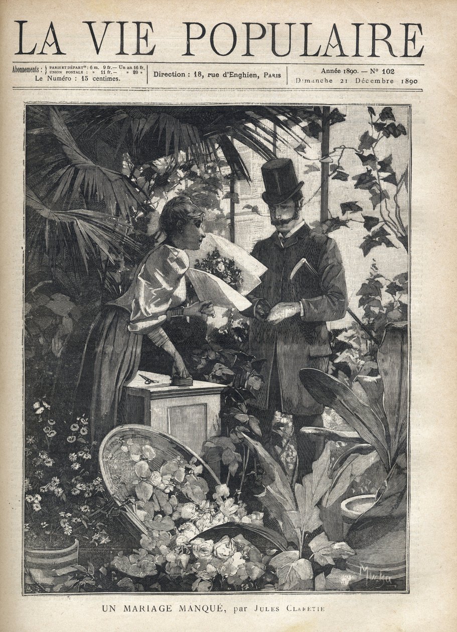 En elegant mann kjøper blomster i en blomsterbutikk. Illustrasjon av Alfons Maria Mucha (Alphonse Marie Mucha av Alphonse Mucha