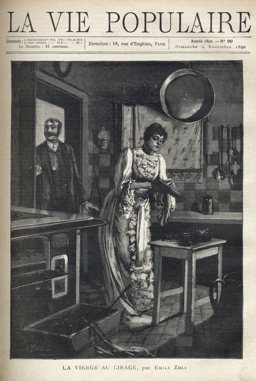 An elegant woman waxes a shoe in the kitchen of a house. A man opens the door behind her. Illustration by Alfons Maria Mucha (Alphonse Marie Mucha av Alphonse Mucha