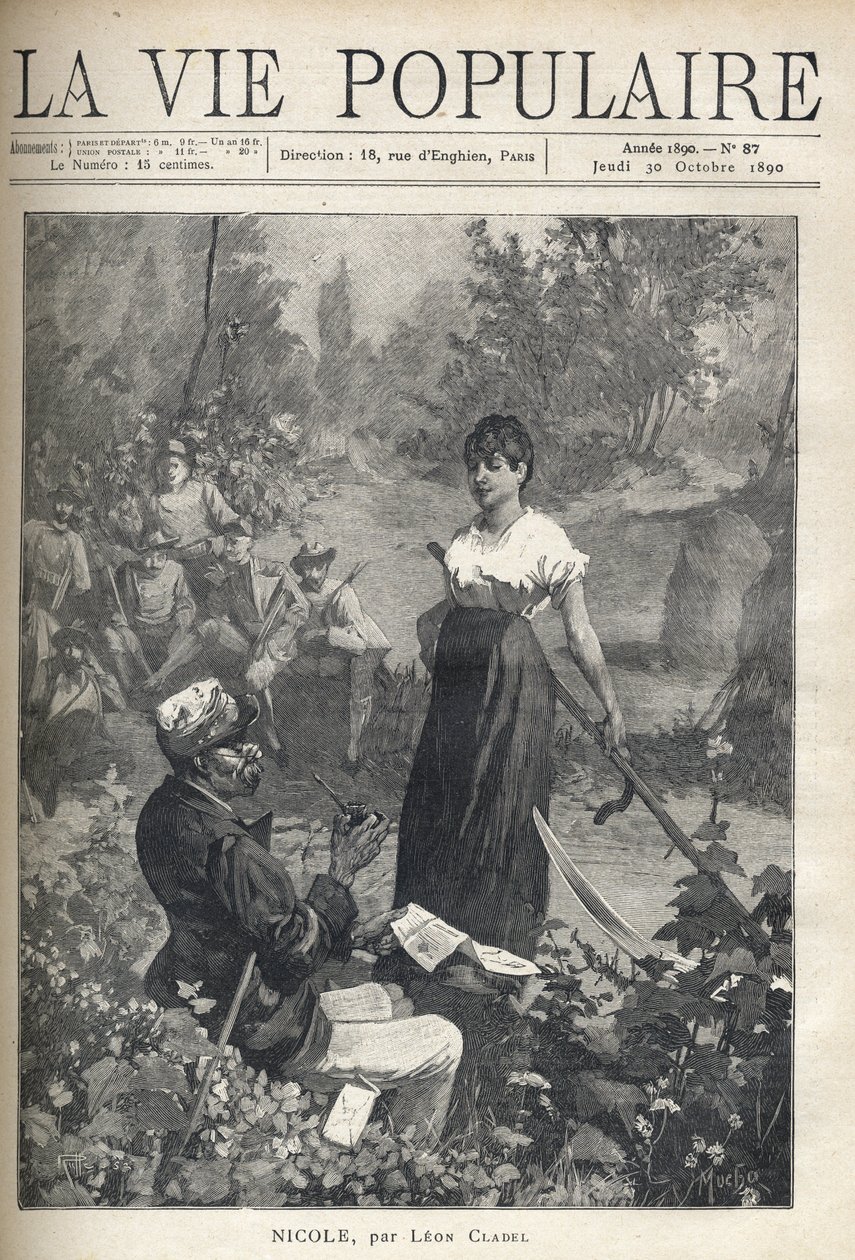 En gammel mann leser et brev til en vakker ung bonde som holder en falsk (reaper). Jegere ser på scenen i det fjerne. Illustrasjon av Alfons Maria Mucha (Alphonse Marie Mucha av Alphonse Mucha