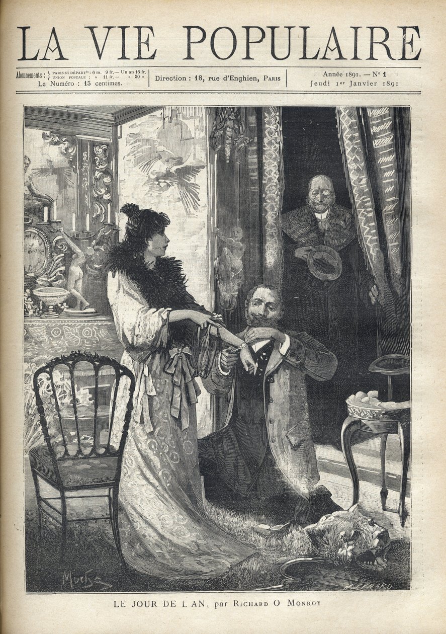 An old man surprises a gallant scene: a man kneeling in front of an elegant woman attaches a bracelet to his wrist. Illustration by Alfons Maria Mucha (Alphonse Marie Mucha av Alphonse Mucha