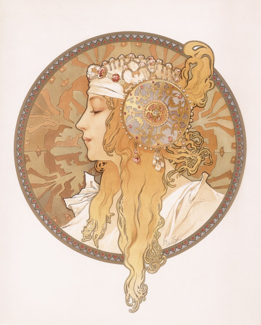 Bysantinsk hode til en blond jomfru; Tete bysantine d"une femme blonde, ca. 1897 av Alphonse Mucha