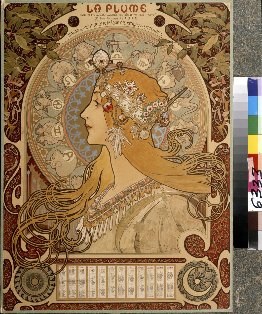 Kalender ""La Plume"", illustrert halvmånedlig magasin fra Salon des Cent. Kunstnerisk og litterært bibliotek. Kunstverk av Alfons Maria Mucha (Alphonse Marie Mucha av Alphonse Marie Mucha