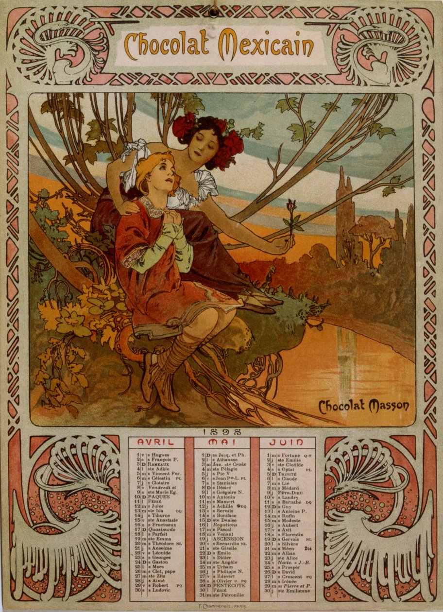 Chocolate Masson-kalender illustrert av Mucha (1860 – 1939). en tsjekkisk jugendmaler av Alphonse Mucha
