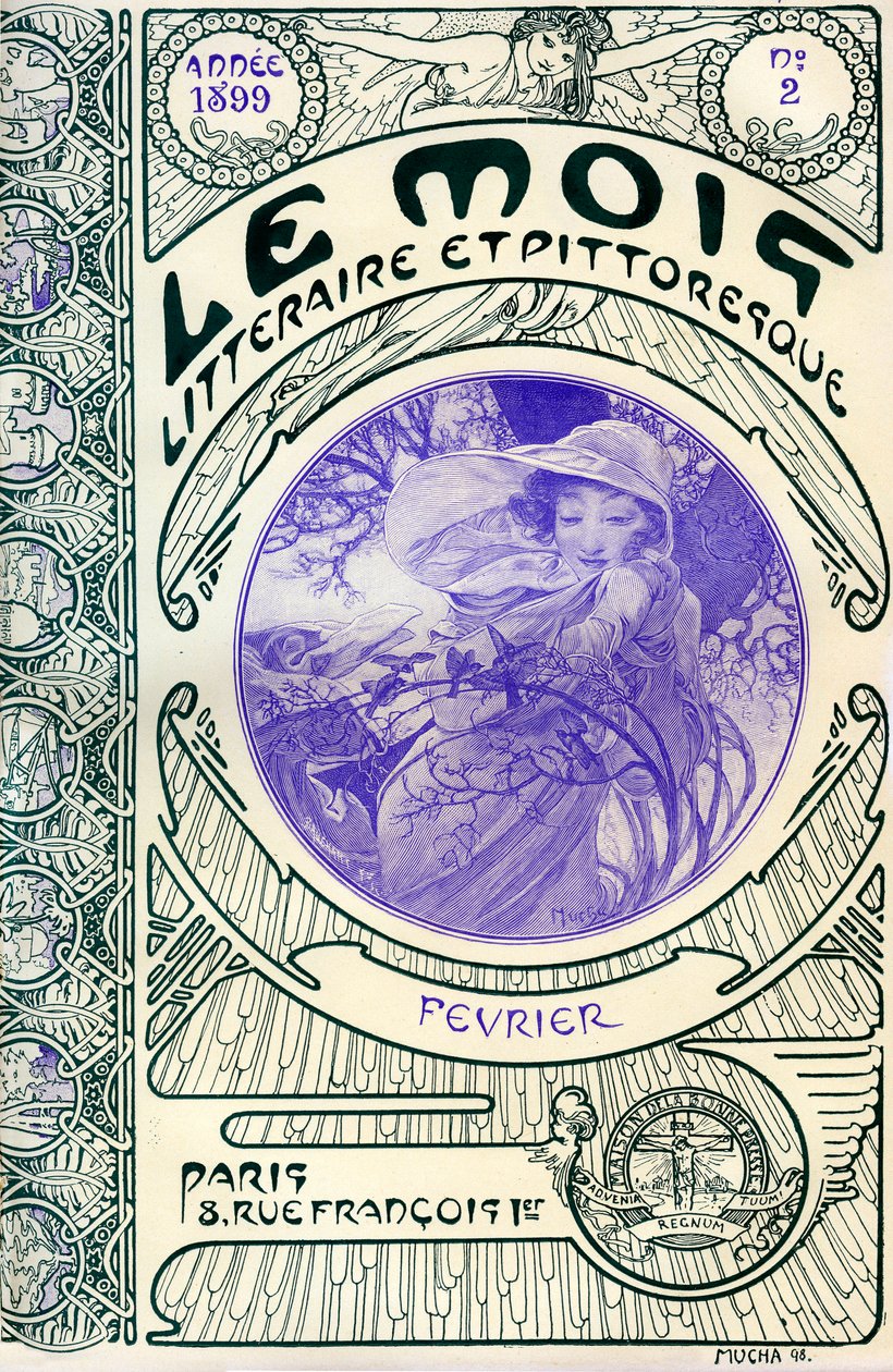 Forside av magasinet (månedsmagasin) Le Month litteraire et picturesque av Alphonse Mucha (1860-1939): februar måned 1899 - Maison de la Bonne Presse - av Alphonse Mucha