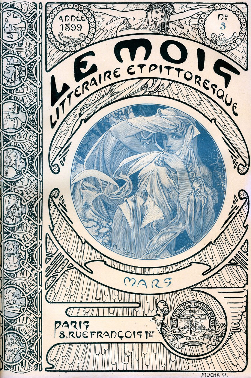 Forside av magasinet (månedsmagasin) The Literary and Picturesque Month av Alphonse Mucha (1860-1939): Mars 1899 - Maison de la Bonne Presse - av Alphonse Mucha
