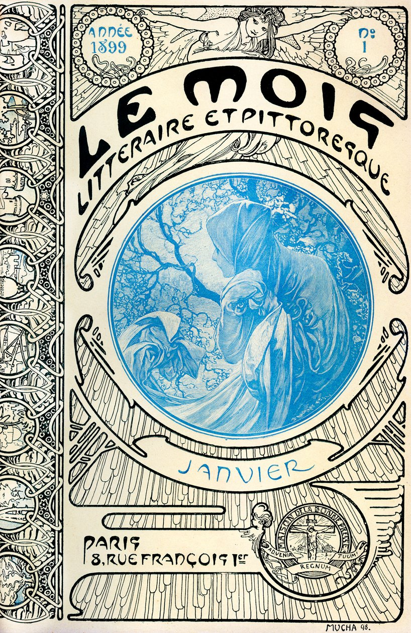 Forside av magasinet (månedsmagasin) The Literary and Picturesque Month av Alphonse Mucha (1860-1939): Januar 1899 - Maison de la Bonne Presse - av Alphonse Mucha