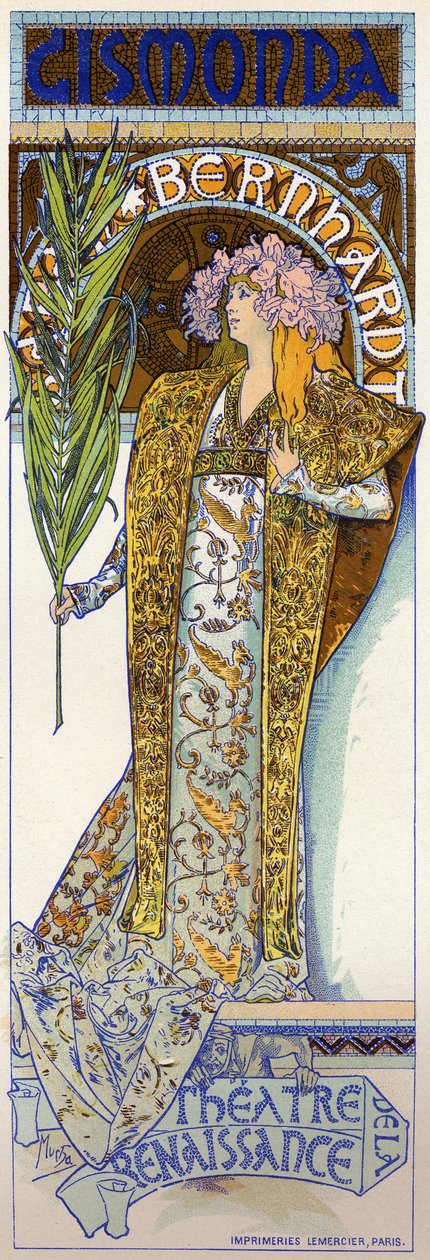 Underholdning. Gismonda, skuespill av Victorien Sardou med Sarah Bernhardt ved Theatre de la Renaissance, Paris. Plakat av Mucha, Frankrike av Alphonse Marie Mucha