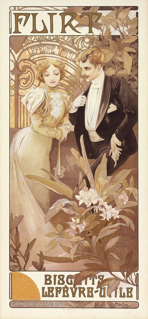 Flirt, c.1895-1900 (colour litho) av Alphonse Mucha