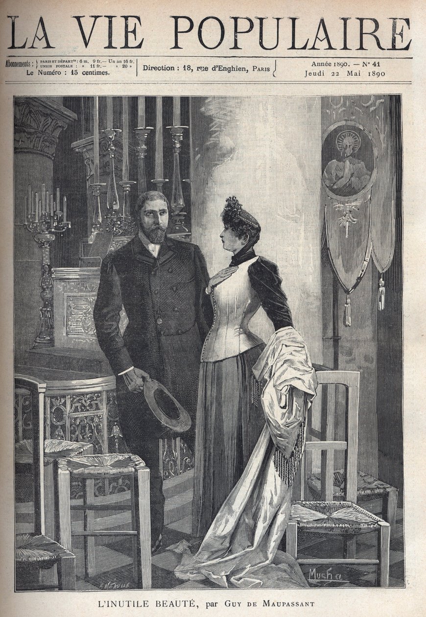 I en kirke står et vakkert og elegant ektepar opp mellom stearinlys og ber til Gud. Illustrasjon av Alfons Maria Mucha (Alphonse Marie Mucha av Alphonse Mucha