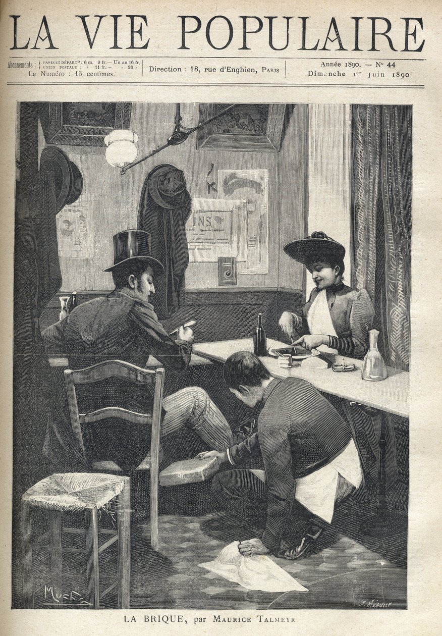 På en restaurant er en mann og en kvinne atskilt og spiser middag. Tjenestegutten huker seg nær mannen og installerer en varm murstein under føttene hans. Illustrasjon av Alfons Maria Mucha (Alphonse Marie Mucha av Alphonse Mucha