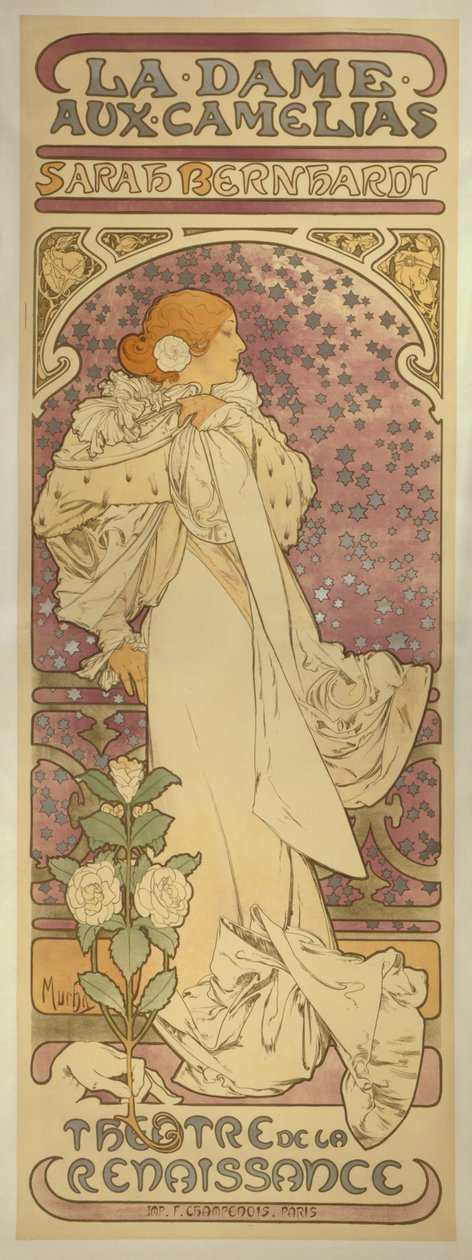 "La Dame aux Camélias", med Sarah Bernhardt av Alphonse Mucha