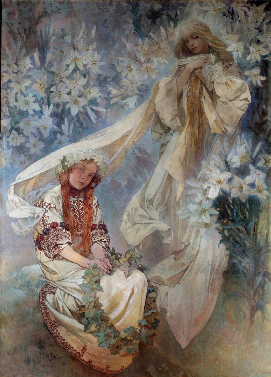 La Madonna au Lys-maleri av Alphonse Mucha (1860-1939) 1905 privat samling av Alphonse Mucha