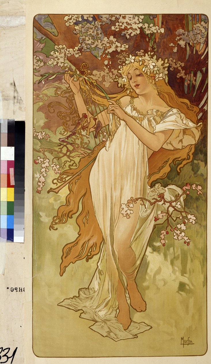 Vår (Serie med allegori om de fire årstidene). Kunstverk av Alfons Maria Mucha (Alphonse Marie Mucha av Alphonse Marie Mucha