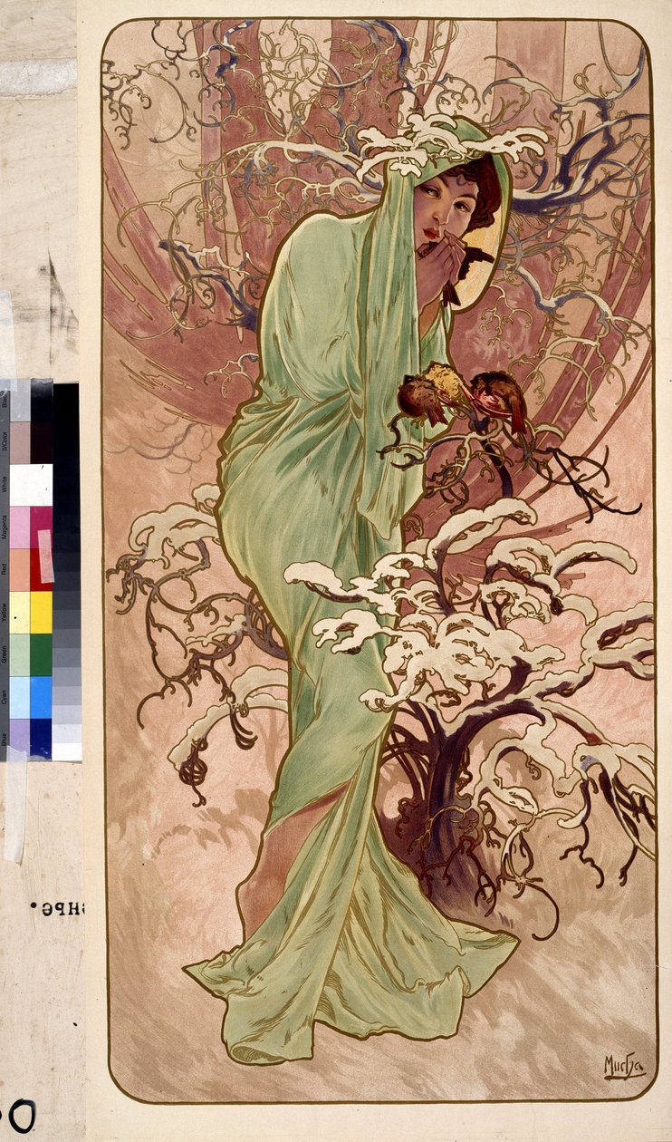 Vinter (Serie med allegori om de fire årstidene). Kunstverk av Alfons Maria Mucha (Alphonse Marie Mucha av Alphonse Marie Mucha