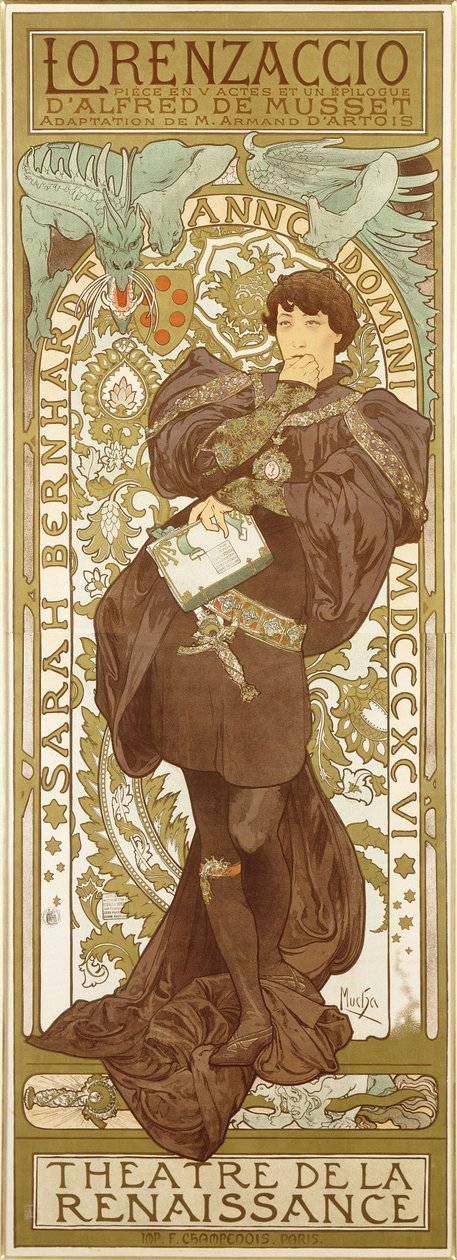 Lorenzaccio, som skildrer den stående figuren til Sarah Bernhardt i rollen, 1896 av Alphonse Mucha