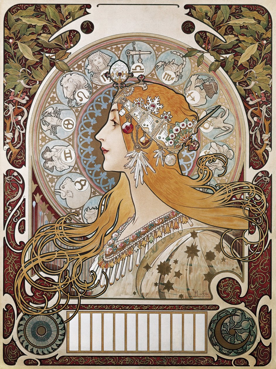 MUCHA, Alphonse Maria (1860-1939). Zodiac. 1896. (67 x 48 cm). Plakat og kalender som reklamerer for magasinet "La Plume"" (Fjæren). Modernisme. Litografi av Alphonse Marie Mucha