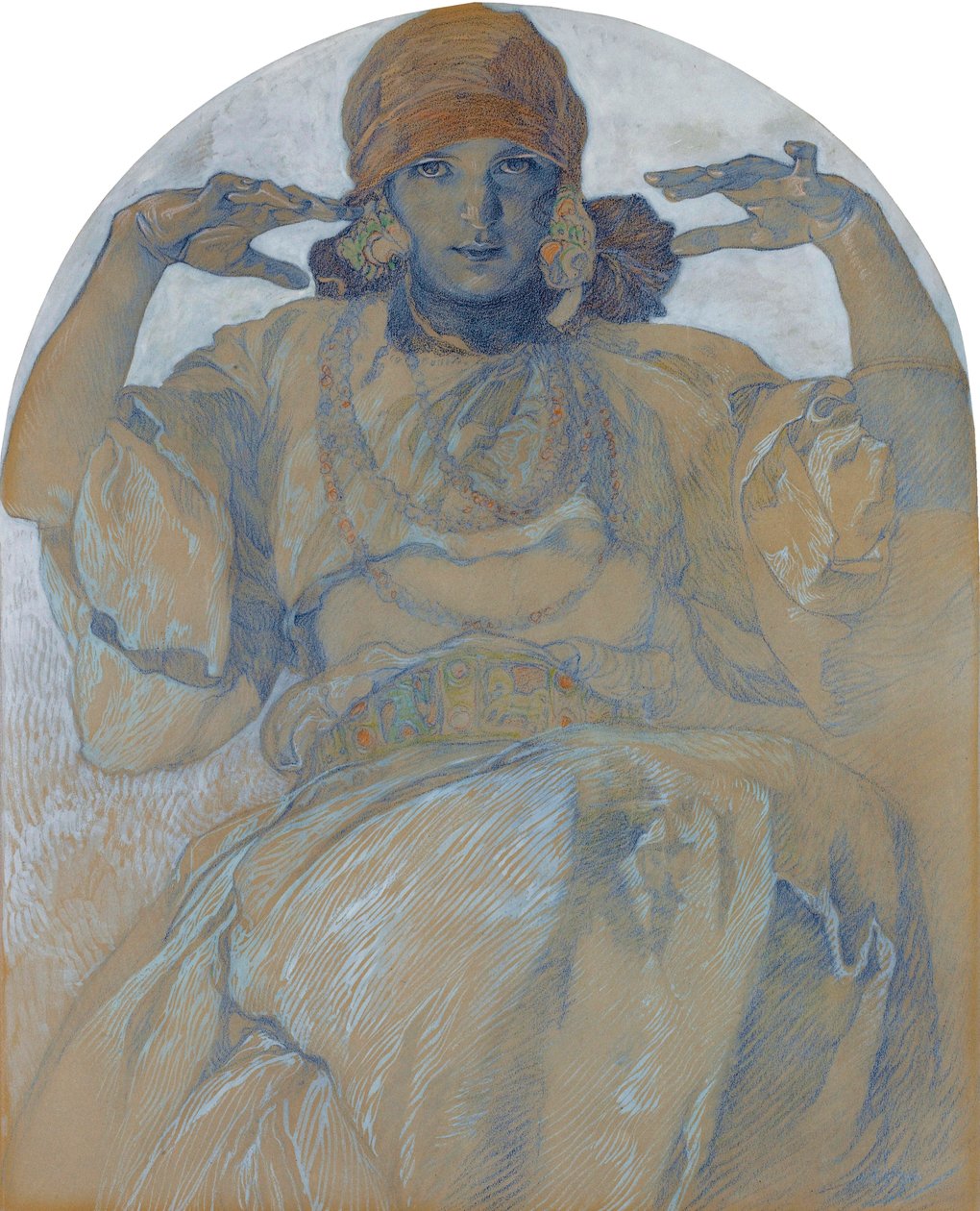 ""Portrett av kunstnerens datter Jaroslava Muchova (1909-1986)"" (Portrett av kunstnerens datter, Jaroslava) Maleri av Alphons Mucha (1860-1939) - ca. 1924 Dim 51x41 cm Privat samling av Alphonse Mucha