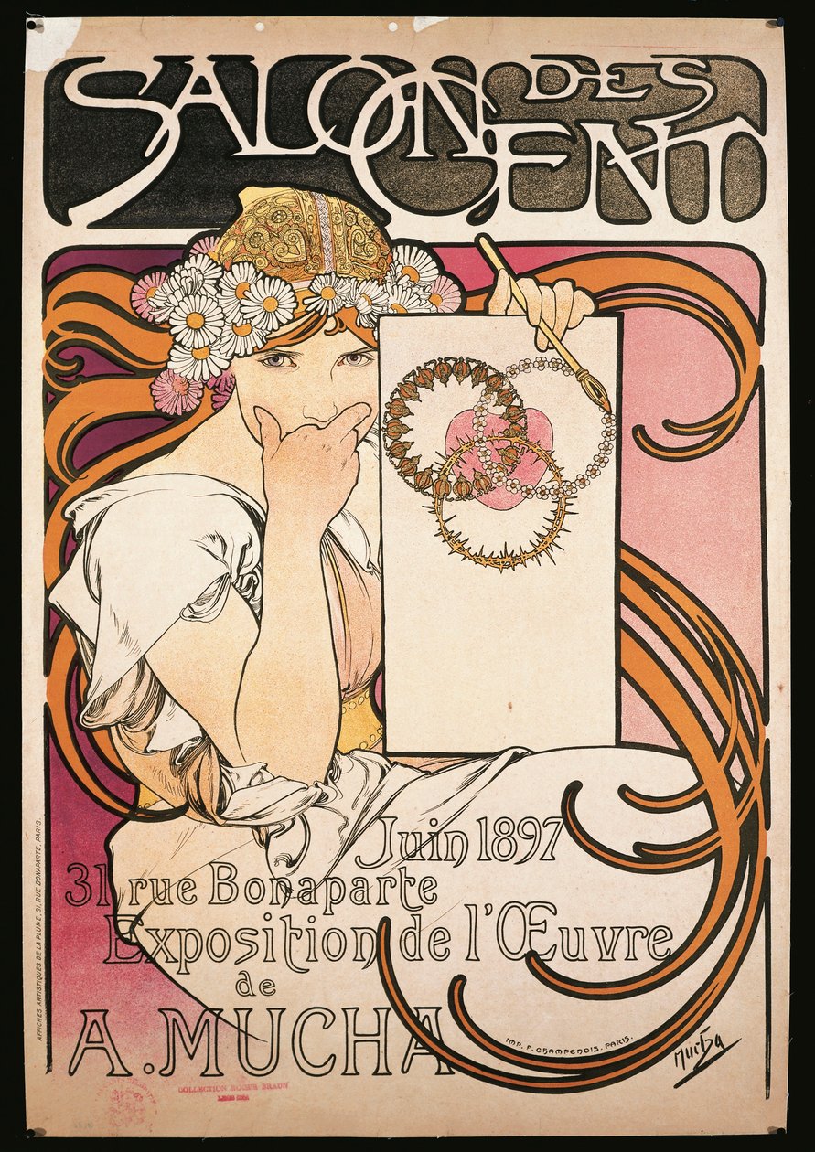 Plakat som reklamerer for utstillingen til A. Mucha på Salon des Cent av Alphonse Marie Mucha