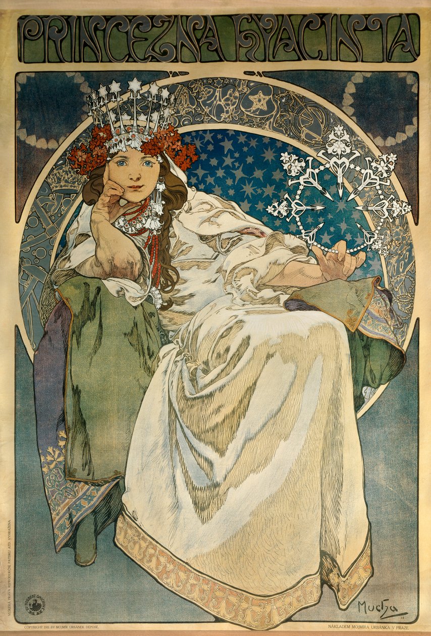 Plakat av Alphonse Mucha (1860-1939) for opprettelsen av balletten "Prinsesse Hyacinthe"" av Oskar Nedbal (1874-1930) ved Nasjonalteateret i Praha og som representerer skuespillerinnen Andula Sedlackova av Alphonse Mucha