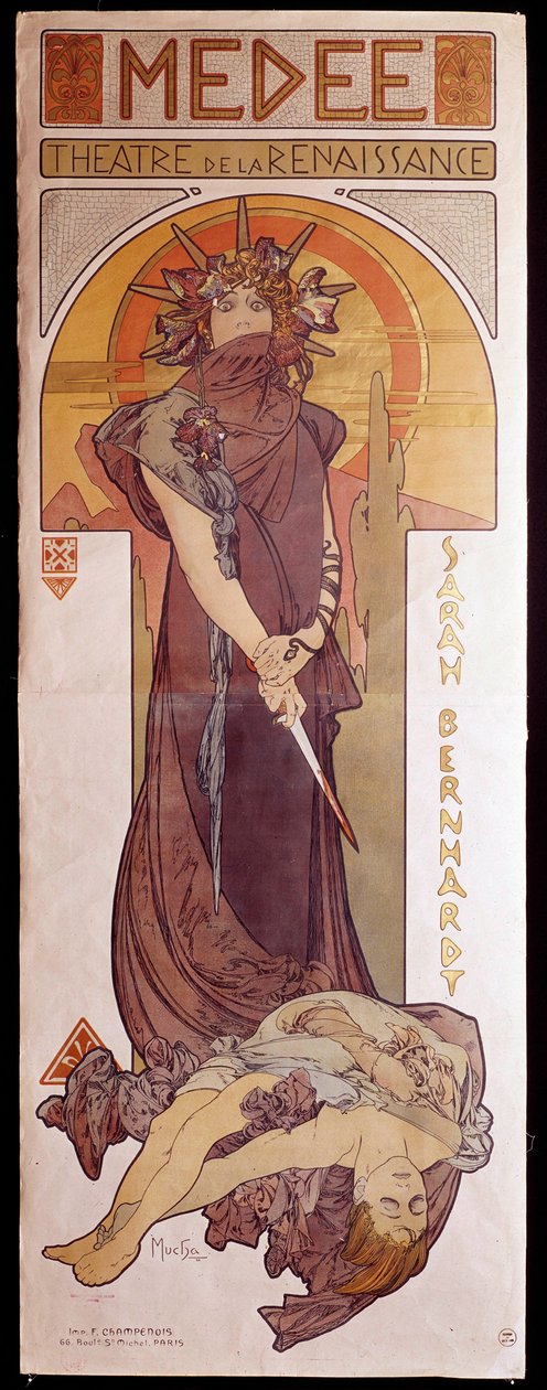 Plakat for "" Medee"" fremført av Henriette Rosine Bernard dit Sarah Bernhardt (1844-1923) ved renessanseteateret. Illustrasjon av Alphonse Mucha (1860-1939) Paris, dekorativ kunst av Alphonse Mucha