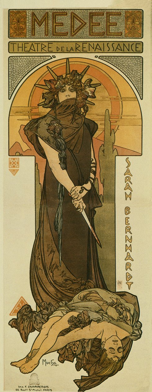 Sarah Bernhardt som Medee ved Renaissance Theatre. 1898 (litografi) av Alphonse Mucha