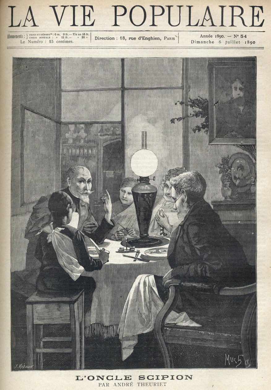 Scene of family life: around the dinner table, a family is gathered together, illuminated by an oil lamp and listens carefully to a visiting uncle, with bright eyes and hand marking the highlights of his story. Illustration by Alfons Maria Mucha (Alphonse  av Alphonse Mucha